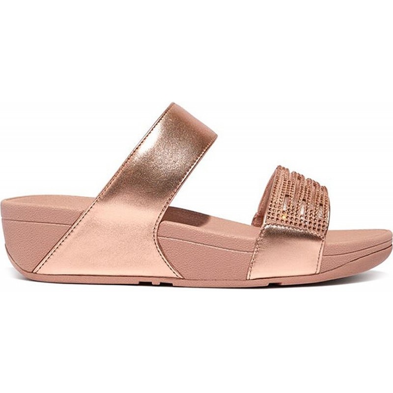 SANDÁLIAS FITFLOP LULU LASECRYSTAL COURO SLIDES EU2 ROSE_GOLD